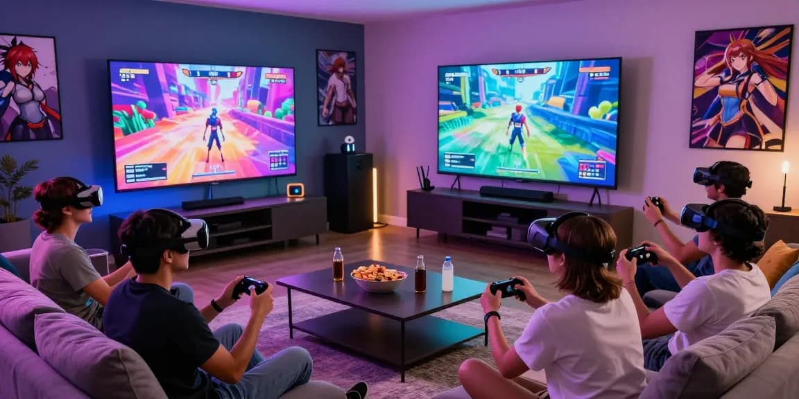 Adults enjoying engaging real hentai games in a cozy living room setting with vibrant lighting.