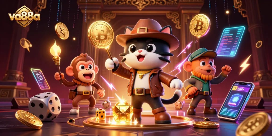 Engage with va88a's thrilling casino adventure featuring a dynamic explorer cat and monkey companion