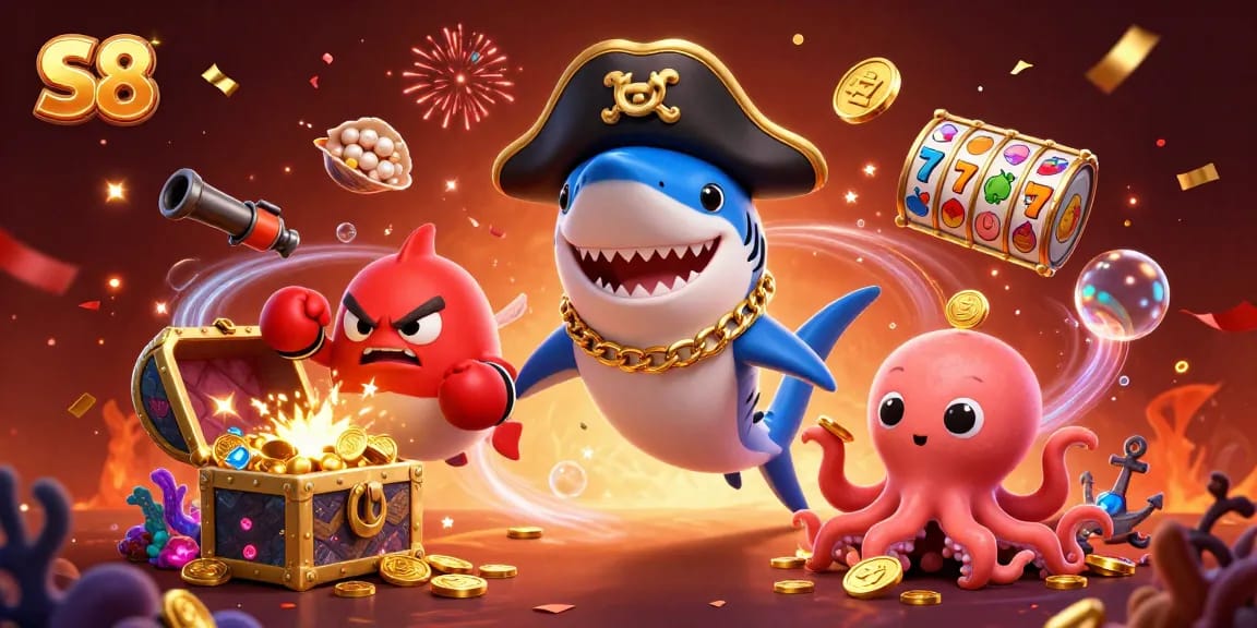 Experience thrilling adventures with S8's casino games featuring a playful shark, pufferfish, and octopus.