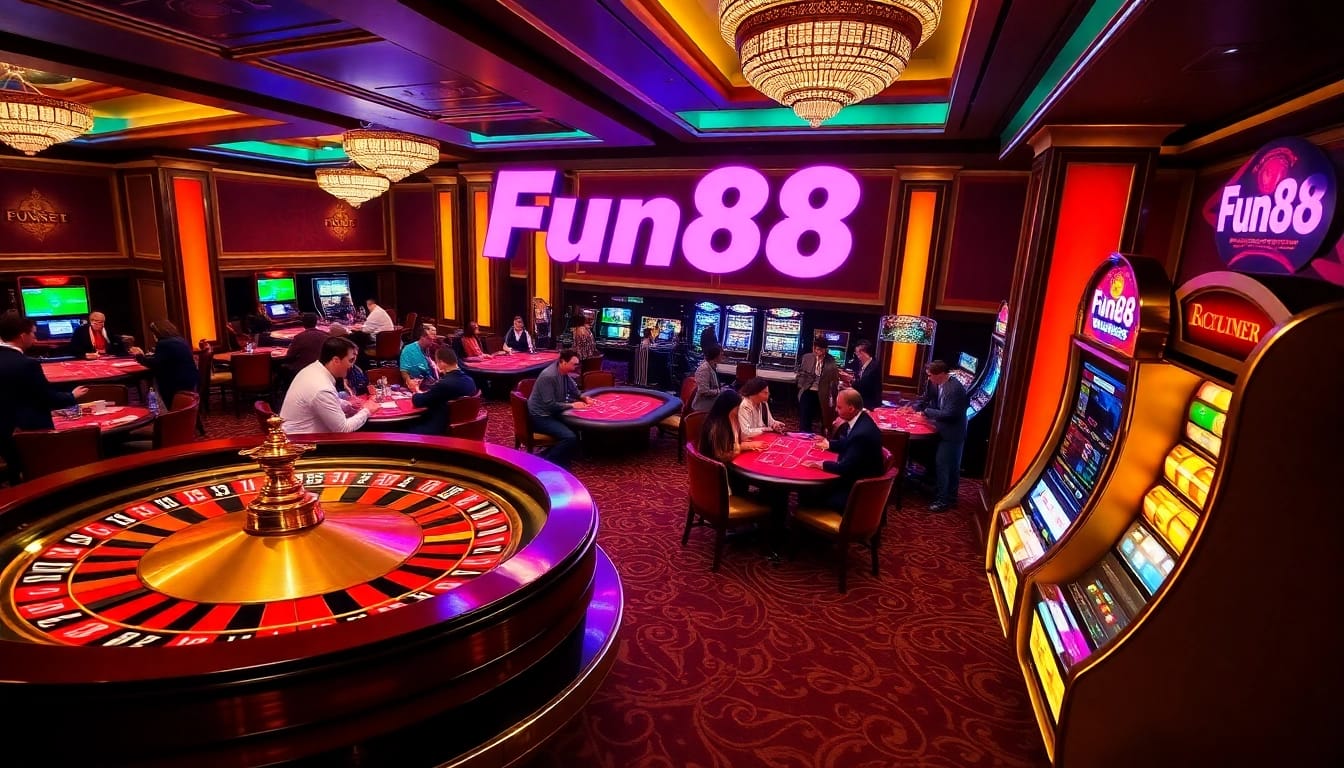 Players enjoying an exciting game at Fun88's luxurious casino, complete with roulette and poker tables.