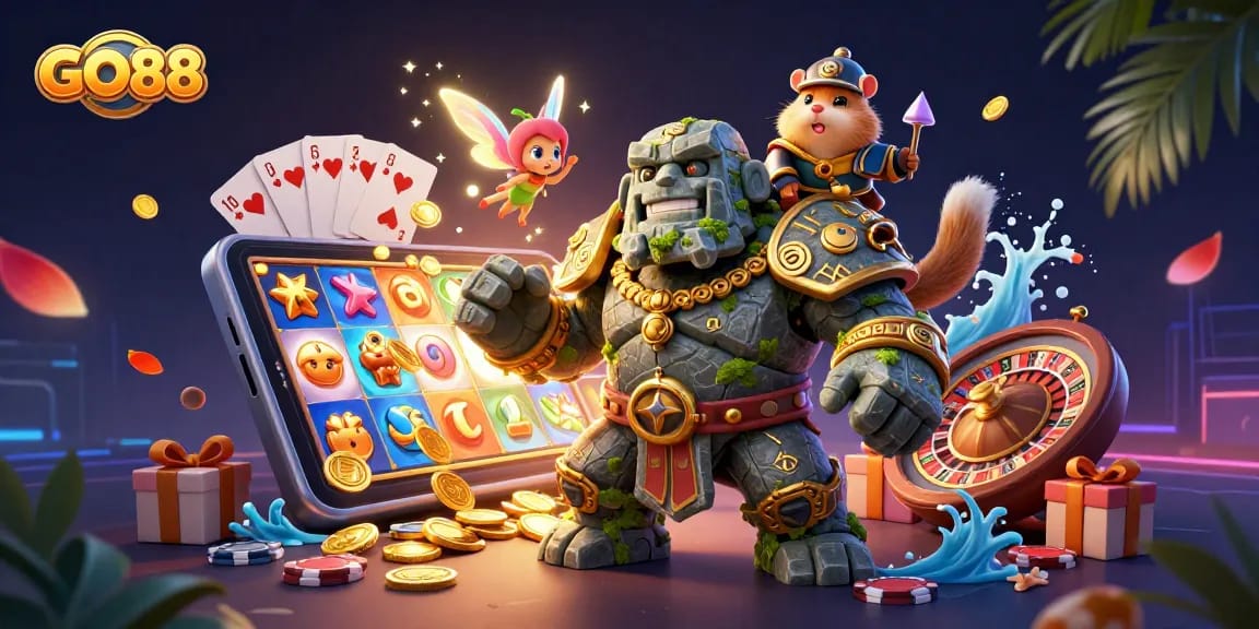 Engage in thrilling GO88 gaming action with a vibrant 3D casino scene featuring characters and slot games.