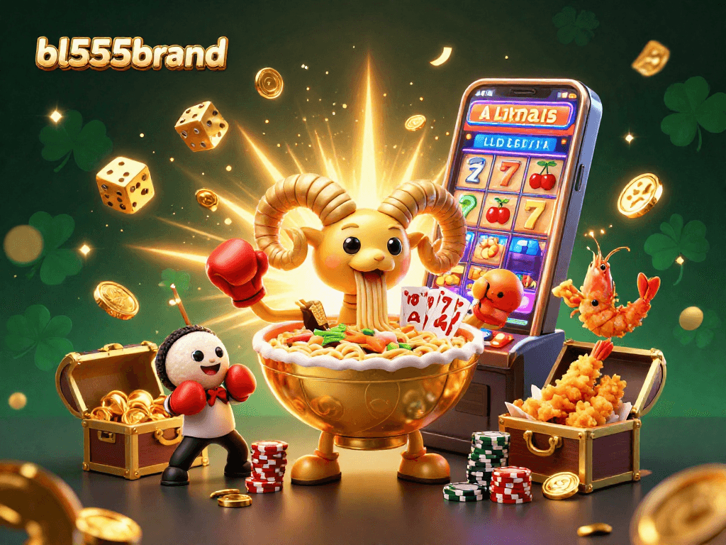 Play with bl555brand's lively casino characters surrounded by a jackpot explosion and exciting game elements.