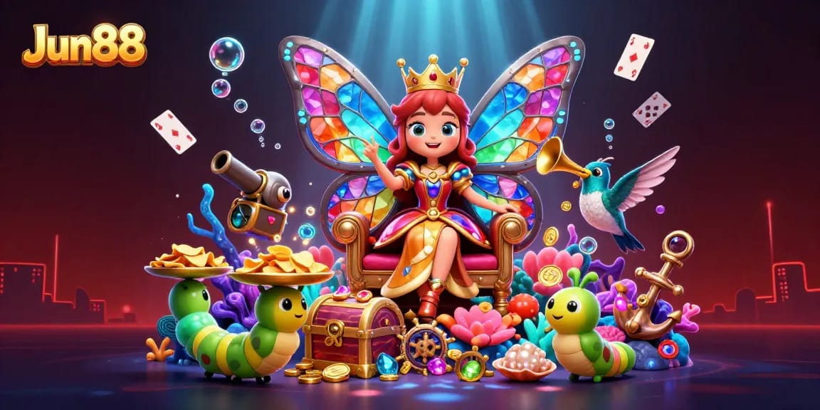 Experience thrilling gameplay at Jun88 with a vibrant fantasy casino scene featuring gaming elements and characters.