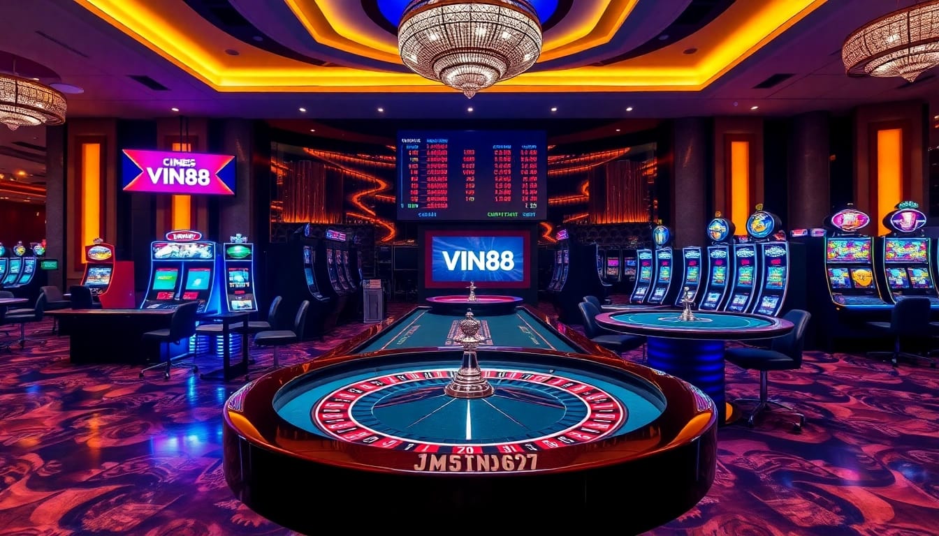 Experience thrilling games at VIN88's luxurious casino with vibrant slot machines and tables.