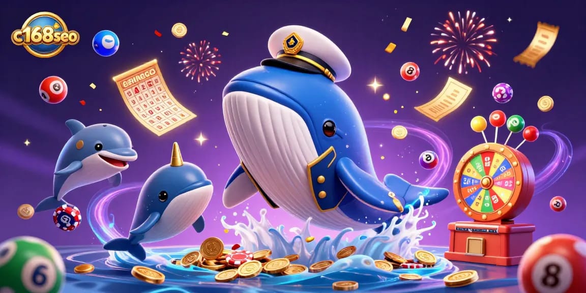 Engage with c168seo through an exciting illustration of a whale captain overseeing colorful lottery elements and playful dolphins.