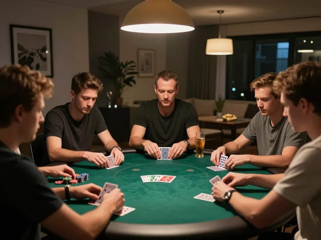 Players engaged in a strategic poker game at MM88's online casino, showcasing intense focus and relaxed atmosphere.