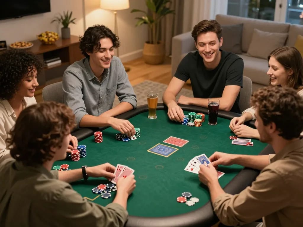 Friends engaged in a lively poker game showcasing sc88 strategies, enjoying snacks and drinks together.