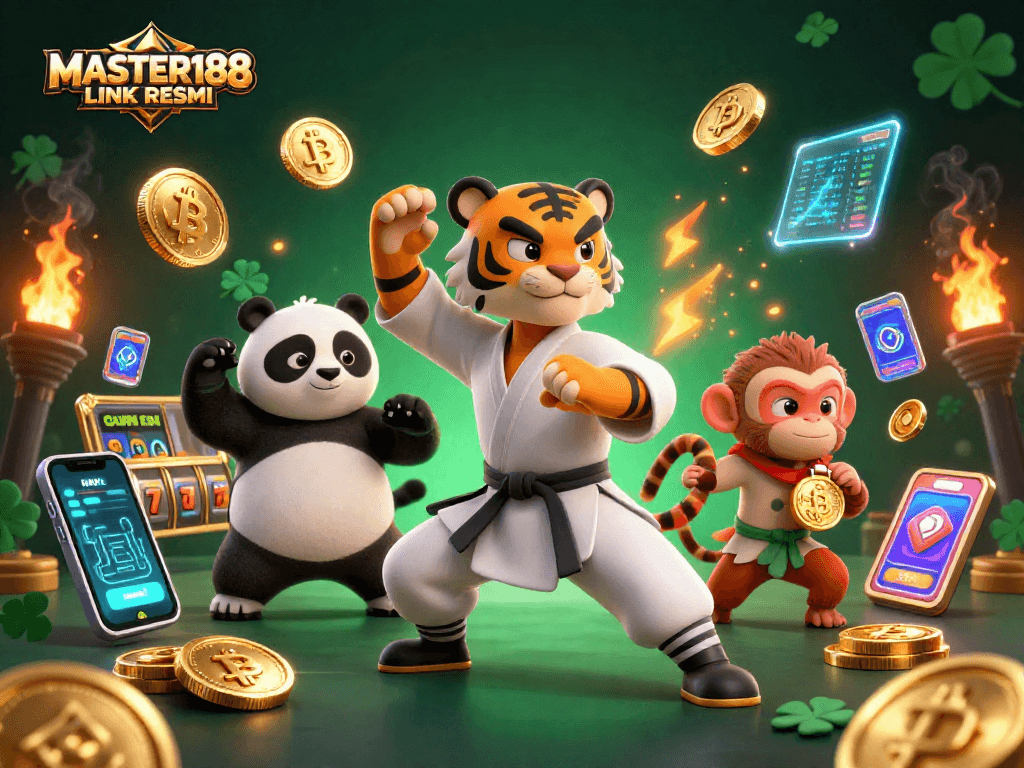Engage with the MASTER188 LINK RESMI scene showcasing a kung fu tiger mastering slots and crypto elements.