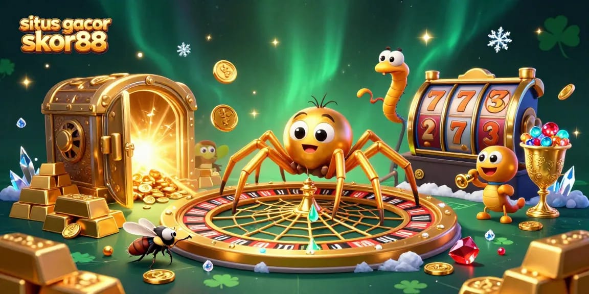 Engage with situs gacor skor88 as a cartoon spider spins a roulette wheel web amidst shining treasures.