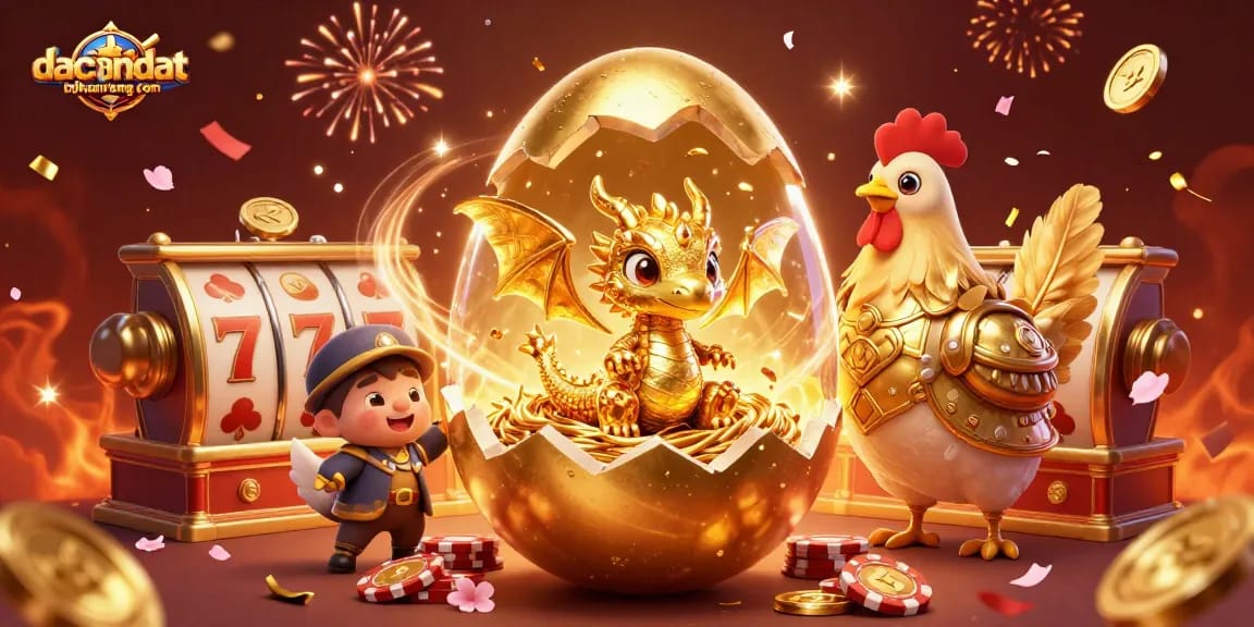 Win big at dacsandatphanrang com with a golden dragon, poker chips, and slot reels celebration.