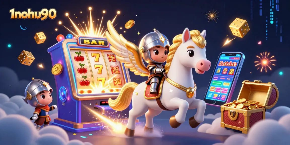 Experience thrilling jackpots with 1nohu90's dynamic 3D casino illustration of slot machines and lucky symbols.