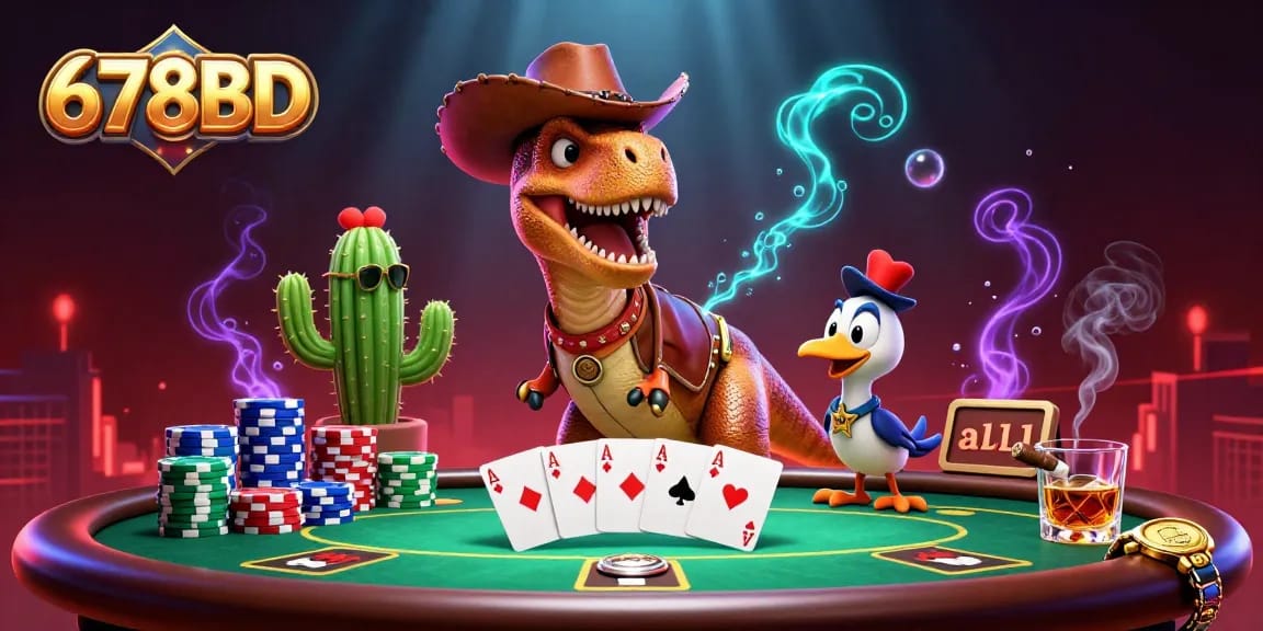 Engage with 678BD's lively poker scene featuring a T-Rex and friends ready for action with dynamic gambling elements.