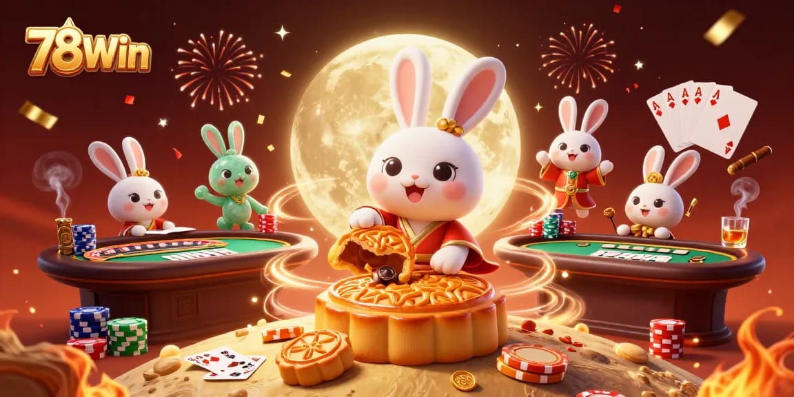 Experience the thrill of 78Win with a vibrant casino scene featuring poker chips, a moon rabbit, and festive energy.