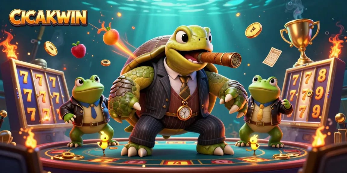 CICAKWIN offers thrilling slot entertainment with a cartoon turtle and bullfrog enforcers amidst dynamic game elements.