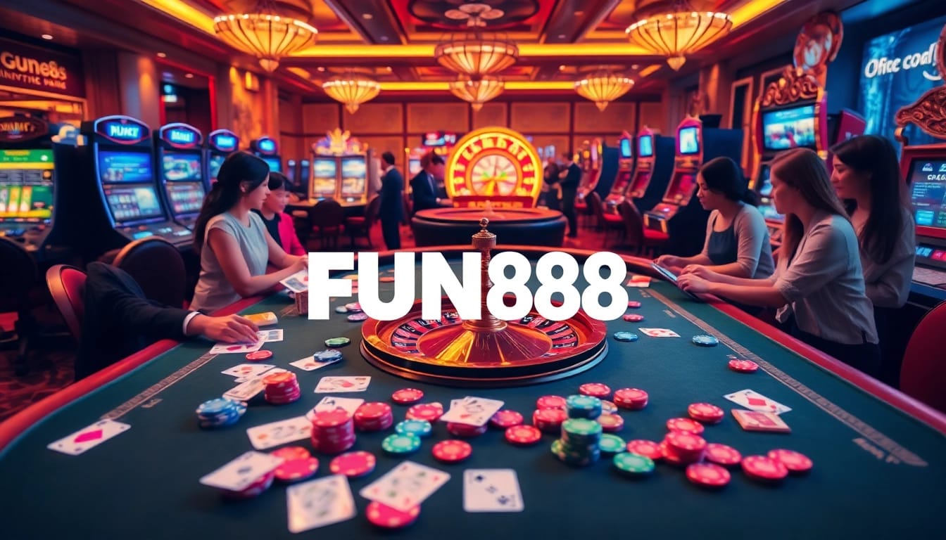 Experience the thrill of FUN88 with players enjoying a vibrant casino atmosphere featuring roulette and poker.