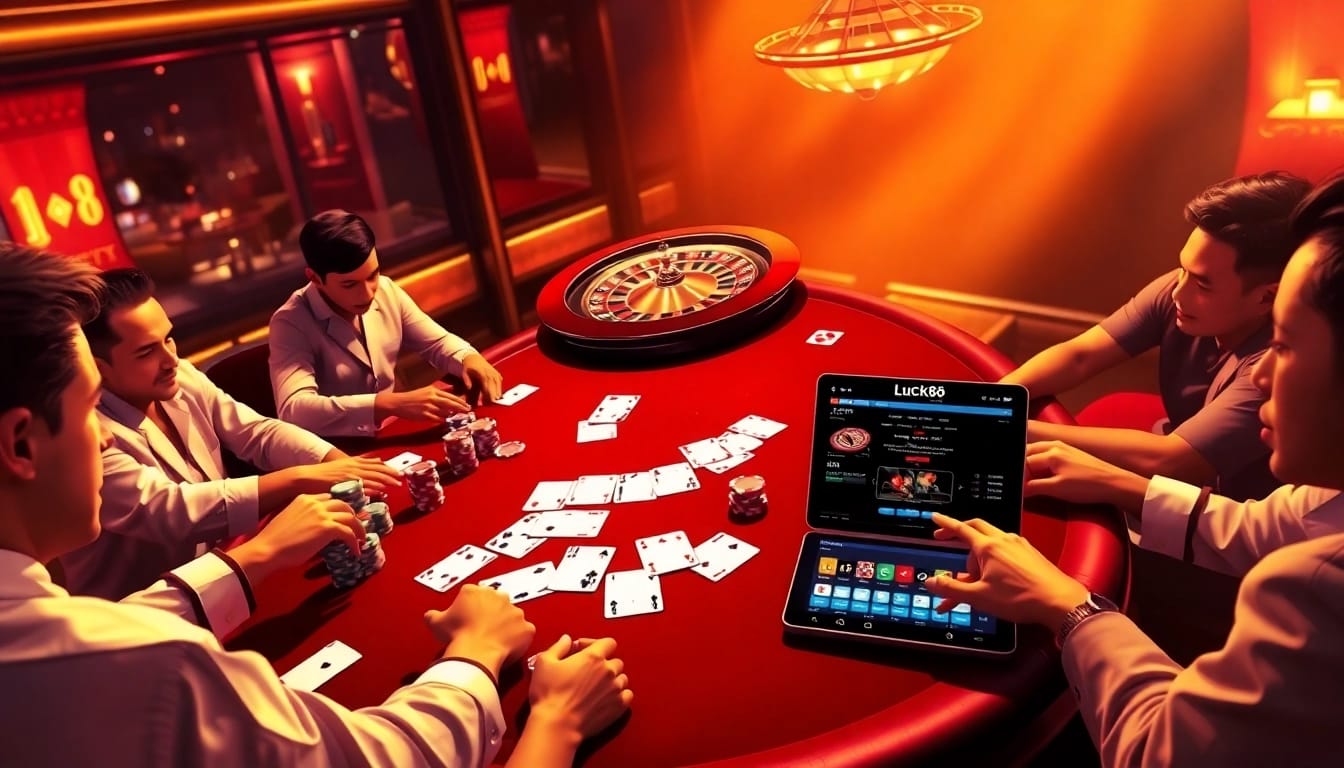 Exciting casino atmosphere showcasing Luck8's poker table with vibrant chips and cards in action.