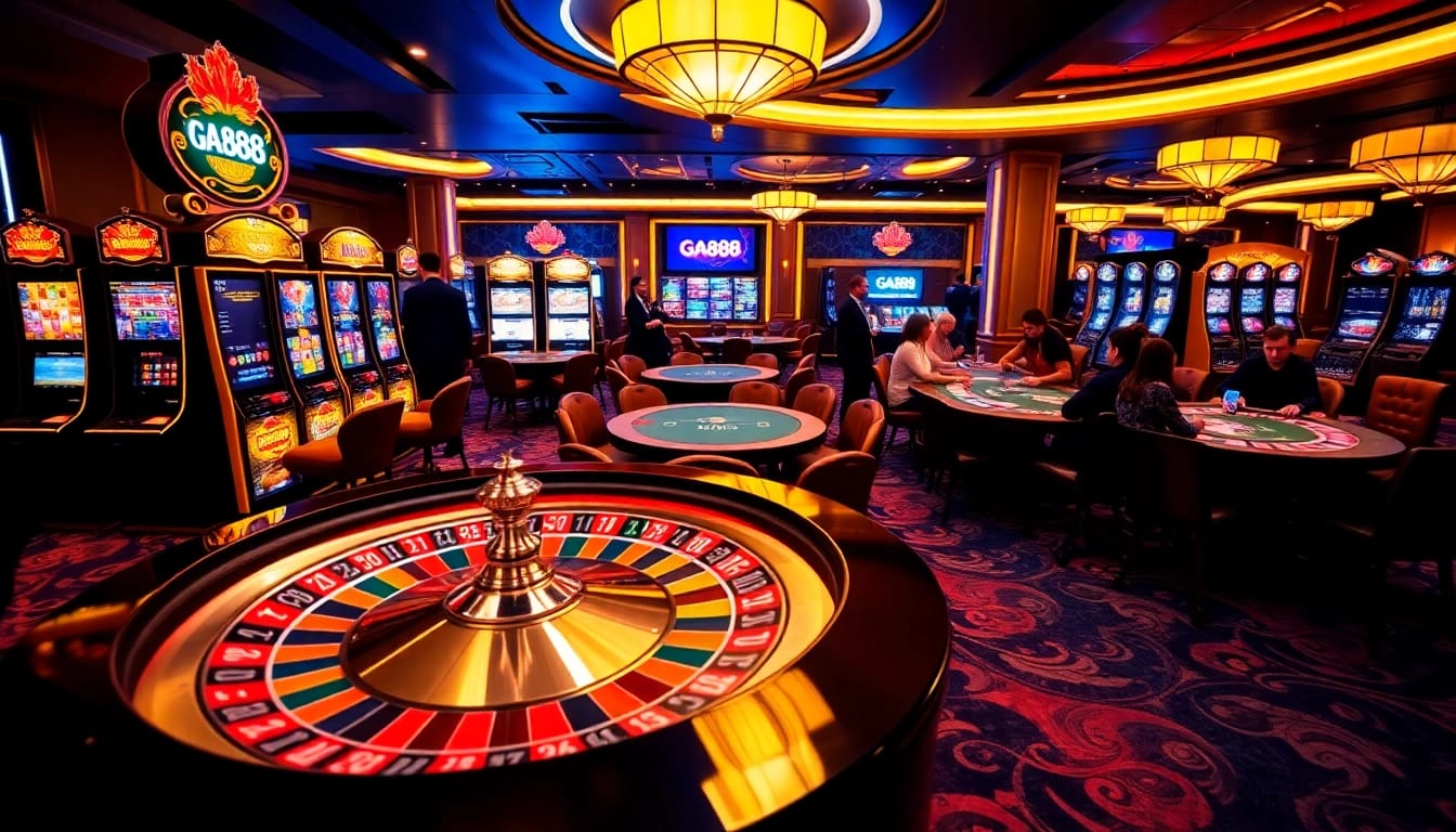 GA888's vibrant casino environment showcases players enjoying slot machines and table games.
