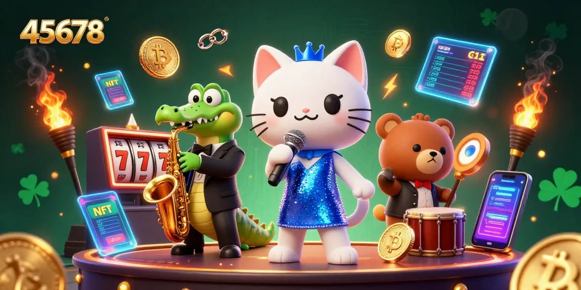 Engage with 45678 in a vibrant casino scene featuring animals and crypto elements.
