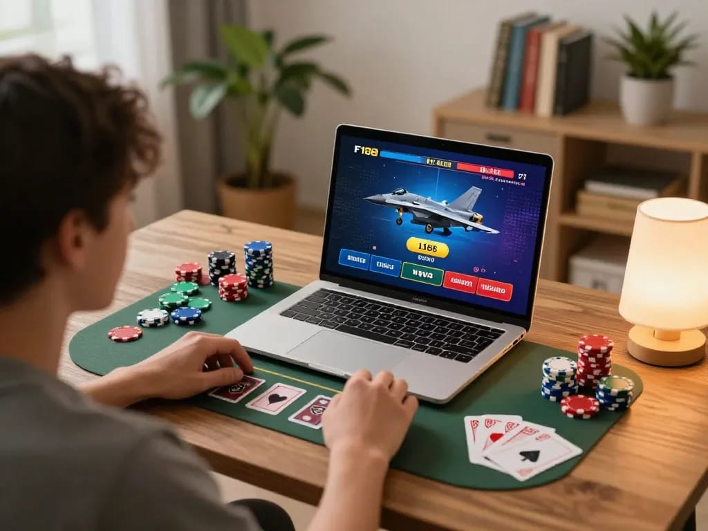 Player enjoying F168 live dealer games at home, emphasizing a strategic gaming environment.