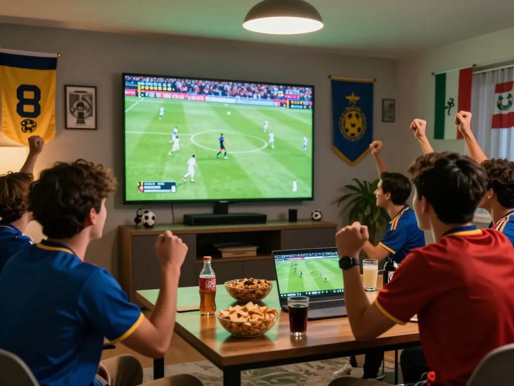 Cakhia soccer fans celebrating during a live match viewing party in a vibrant and energetic setting.