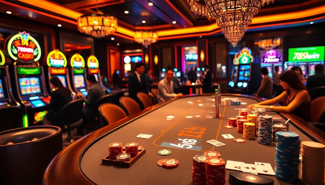 Exciting high-stakes action at 789win casino featuring vibrant poker chips and roulette wheels.