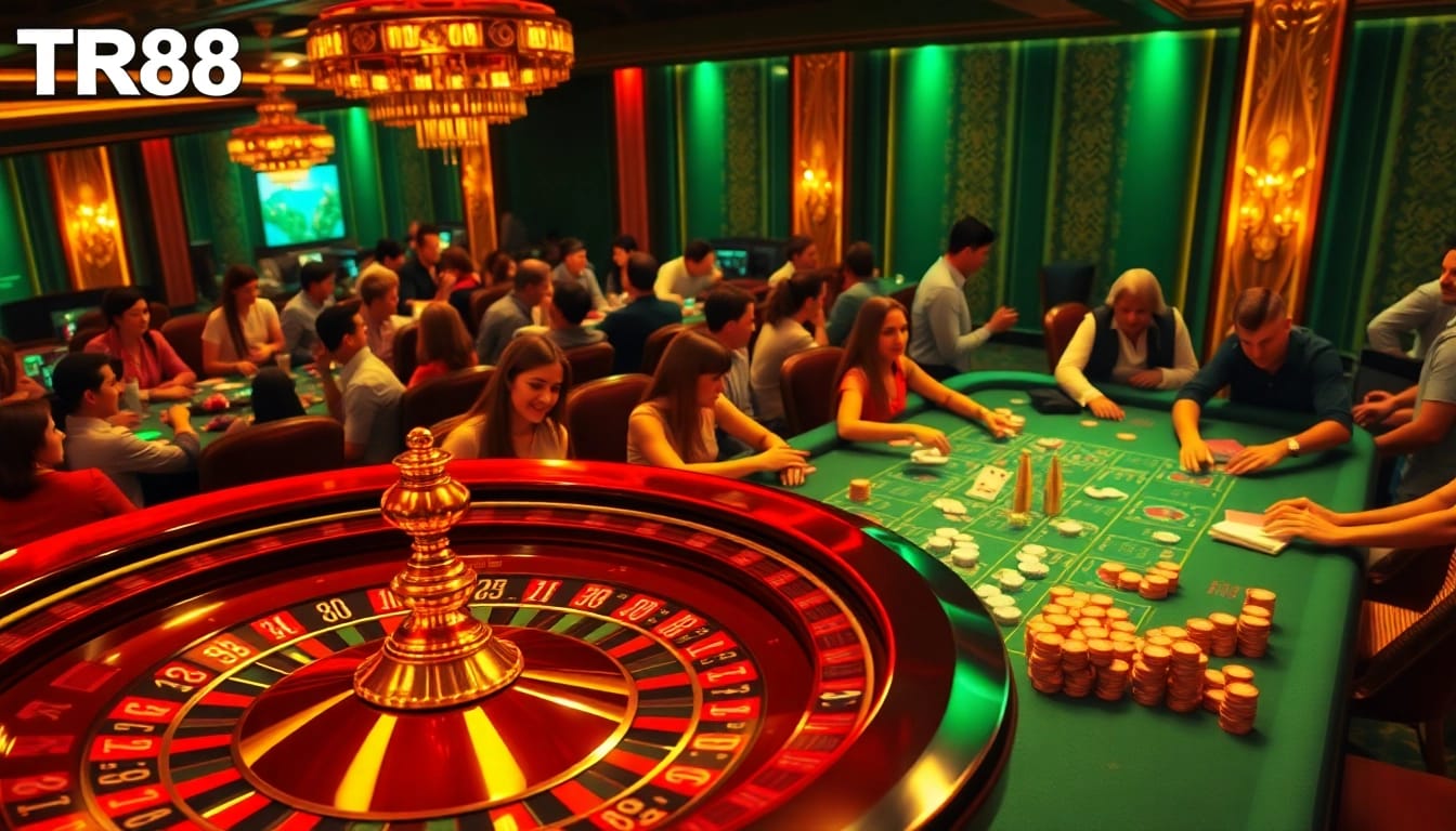TR88 Casino scene with poker players, vibrant roulette wheel, and glowing chips in action