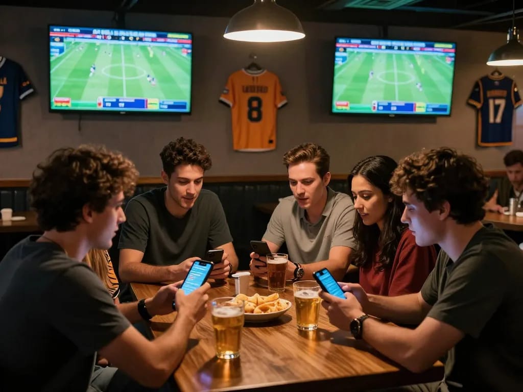 Group of friends engaging in sports betting strategies on soikeo.com.mx while watching live matches.