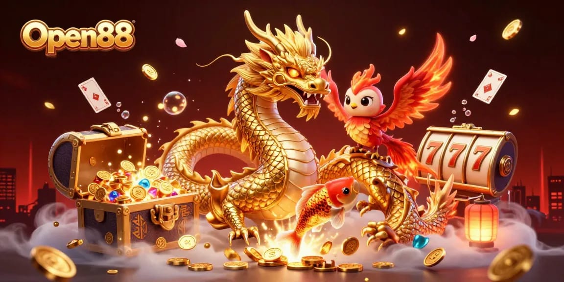 Experience the thrill of Open88 with a golden dragon, phoenix, and koi fish amidst casino elements.