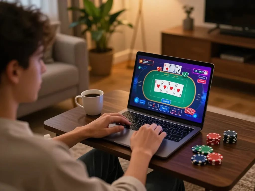 Pengguna yang terlibat bermain permainan poker online idn777 di laptop di rumah, menunjukkan permainan yang strategis