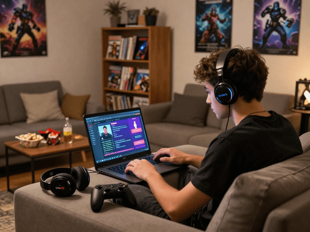 Enjoying HTML porn games in a cozy lounge with snacks and vibrant game interfaces.