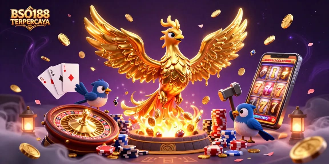 BSO188 TERPERCAYA features a captivating scene with a golden phoenix and dynamic casino elements.