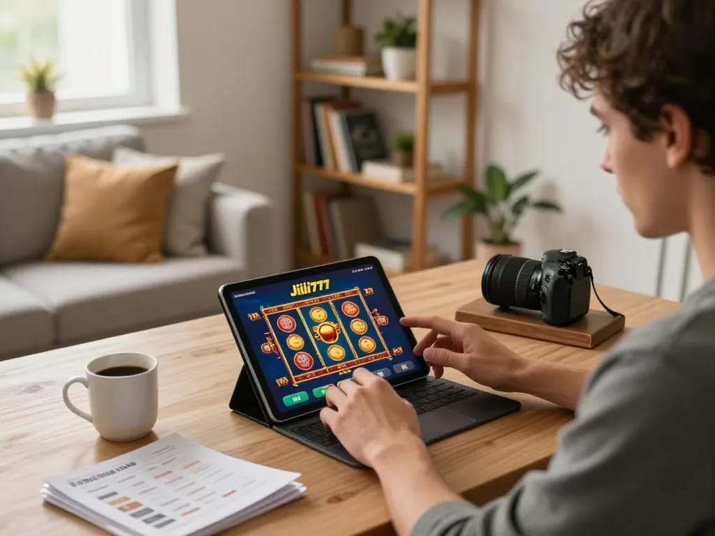 Player enjoying Jili777 online casino app on tablet at home, engaging with lively slot games.