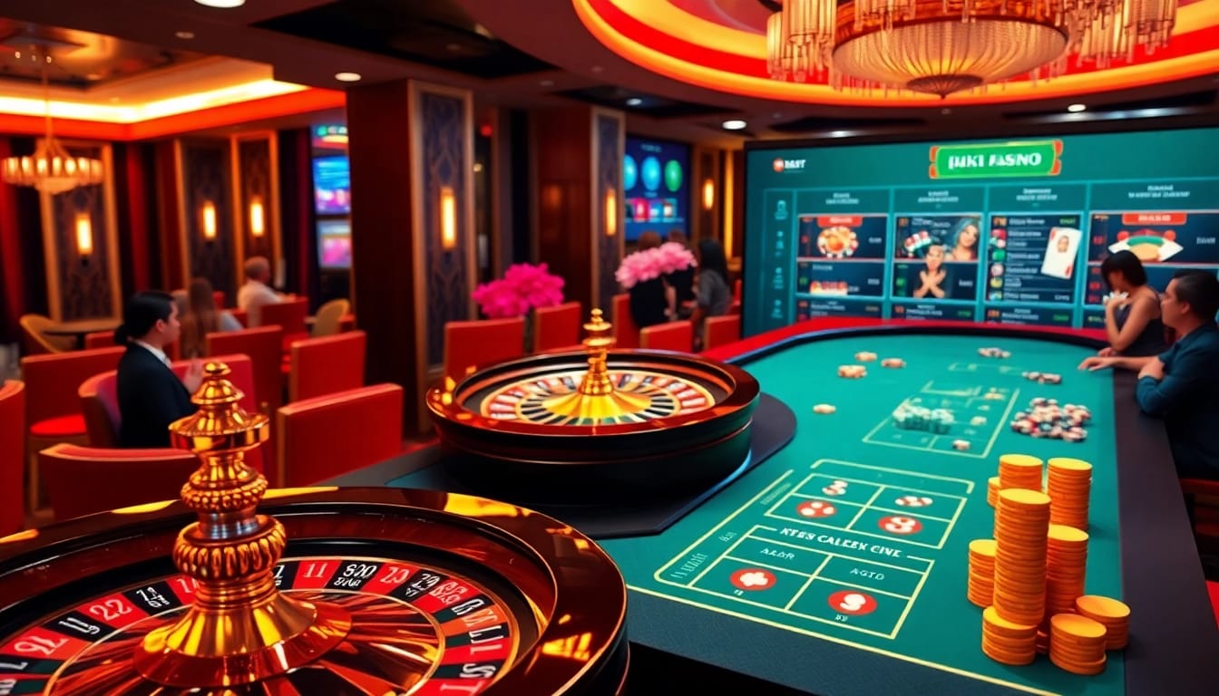 Exciting scene of online gambling at trang chủ thabet with poker chips and roulette.