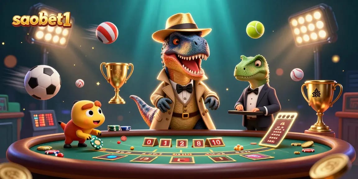 Experience the thrill of gaming at saobet1 with a lively casino scene featuring colorful characters and gambling action.