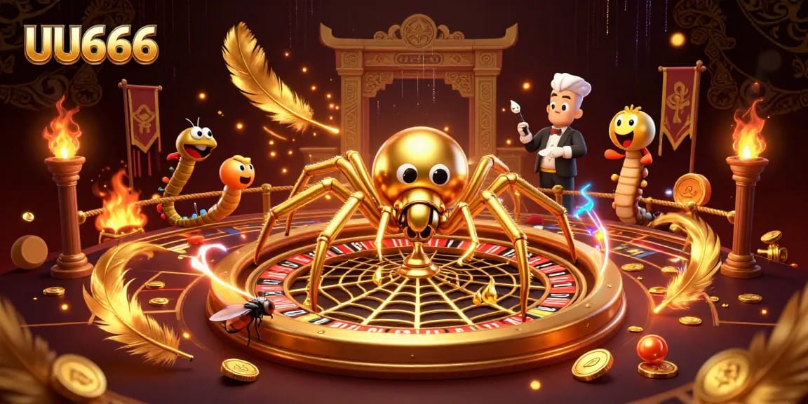UU666's thrilling golden roulette web scene with a spider and centipede croupier engaging players.