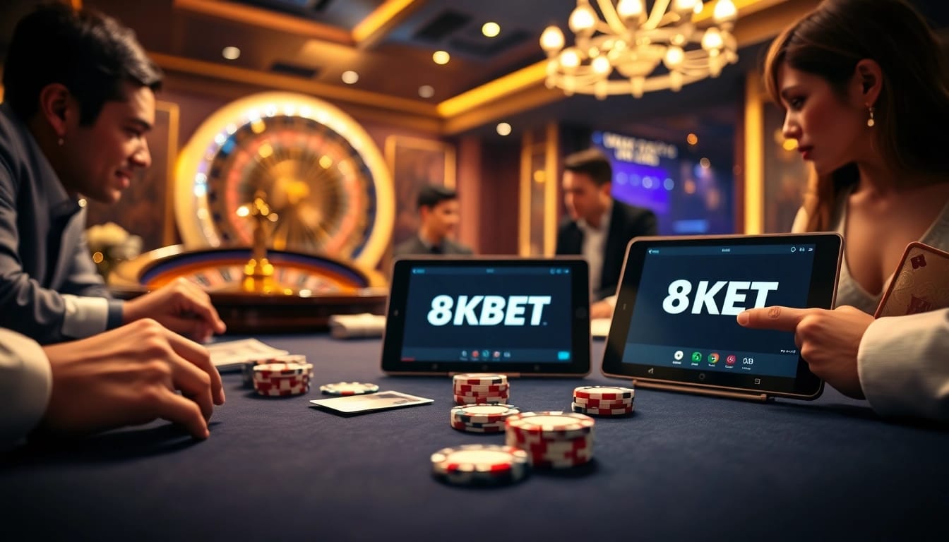 Experience the excitement of 8KBET at a luxurious casino table with vibrant poker chips and cards.