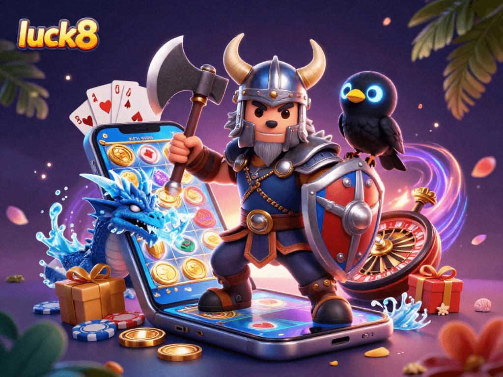 Engage with luck8's vibrant 3D casino scene featuring slots, dragon, and wolf warrior.