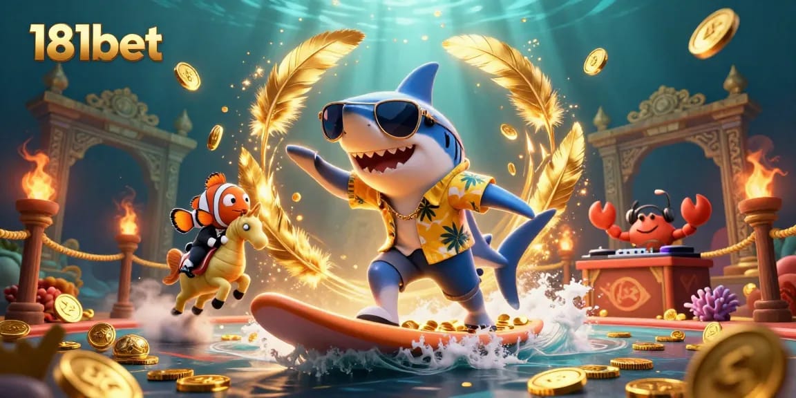 Engage with the exciting world of 181bet where players surf through gold coins in a vibrant underwater casino.