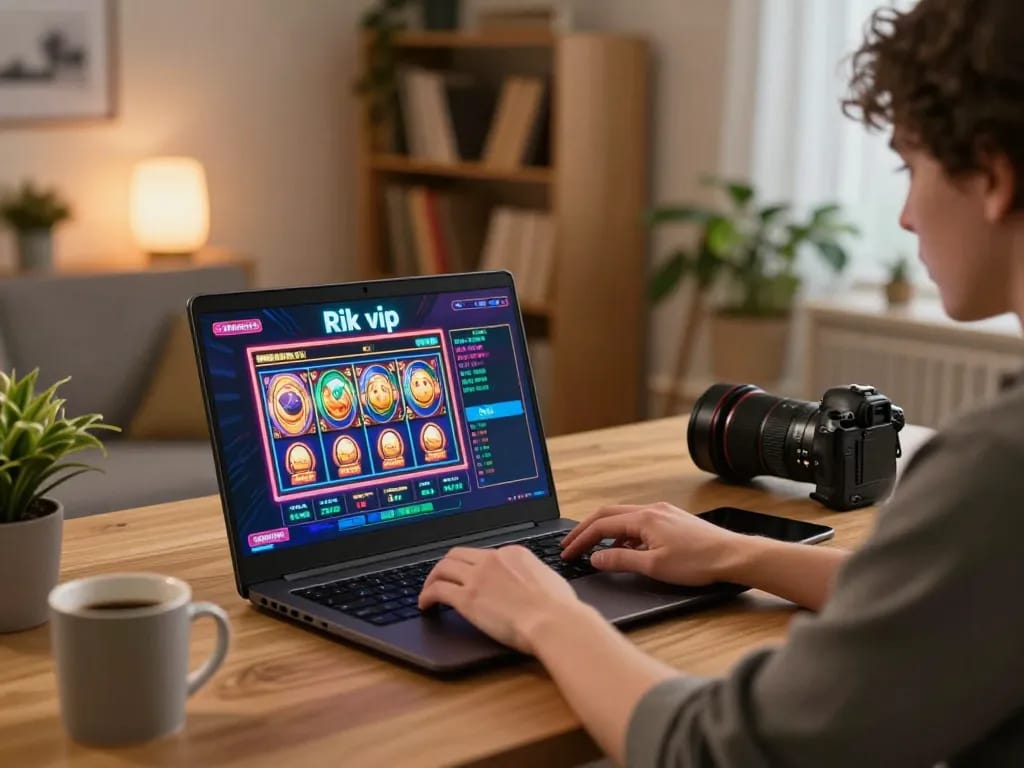Engaged player enjoying rik vip online gaming on a laptop in a cozy home setting.