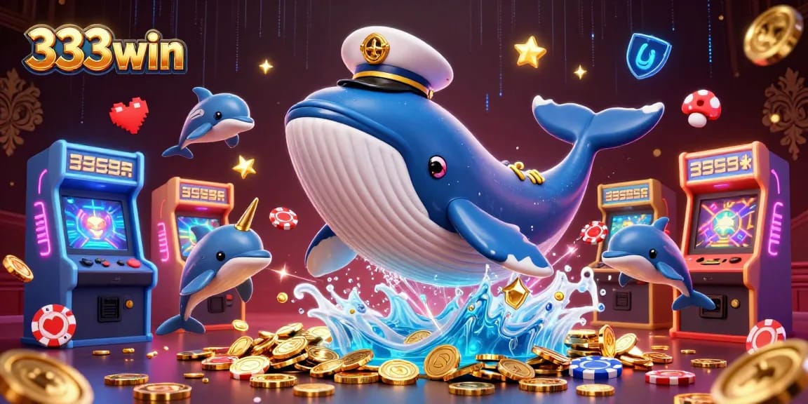 Engage with 333win’s vibrant gaming scene featuring a whale, narwhal, and playful dolphins amidst casino elements.