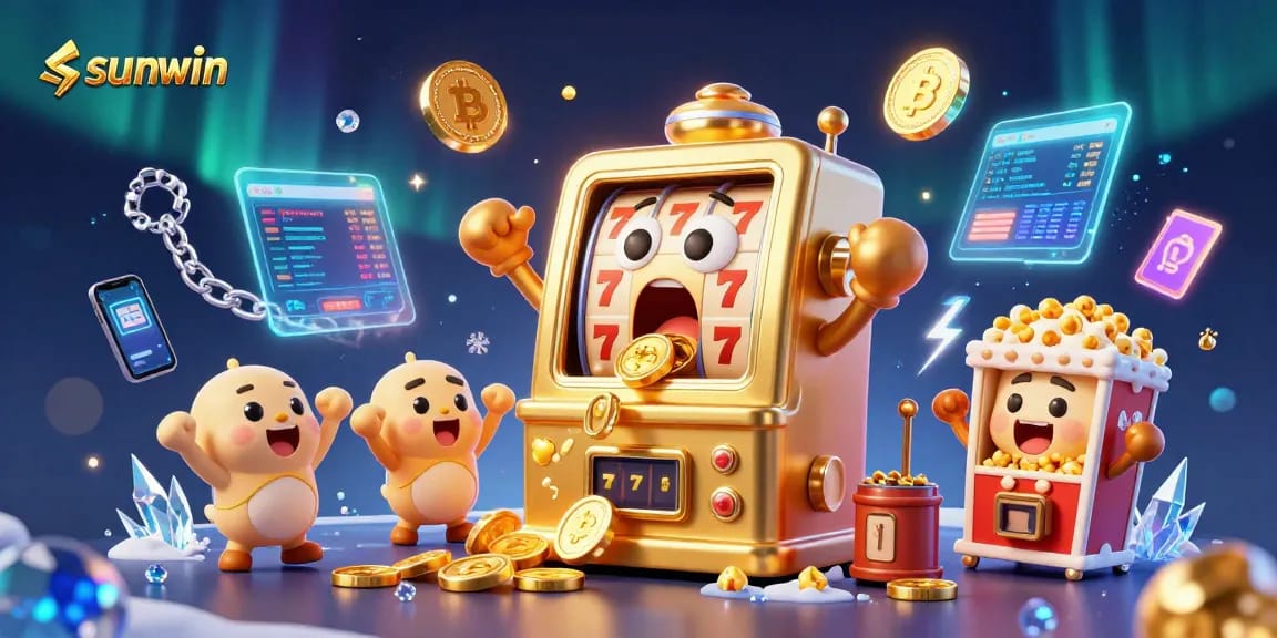 Win big at sunwin with a lively cartoon slot machine celebrating a jackpot style game.