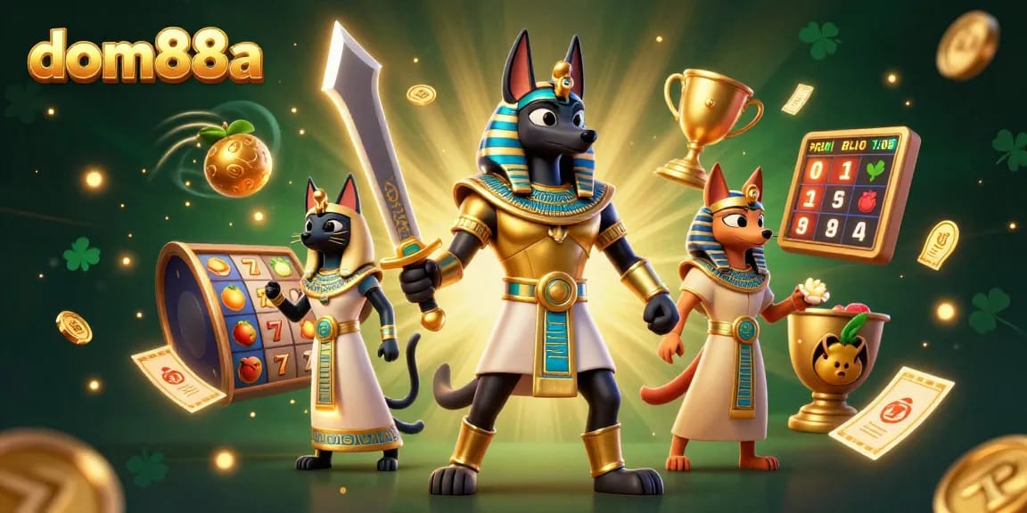 Experience thrilling jackpot gameplay at dom88a with Anubis and Bastet amid vibrant 3D casino elements.