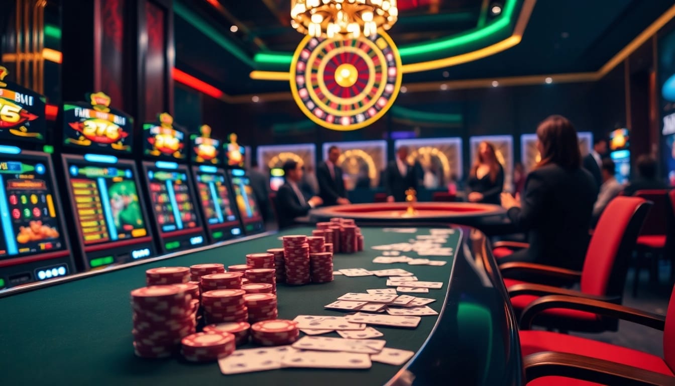 Bj66.today features an exciting casino scene with vibrant poker chips, modern slot machines, and a roulette wheel.