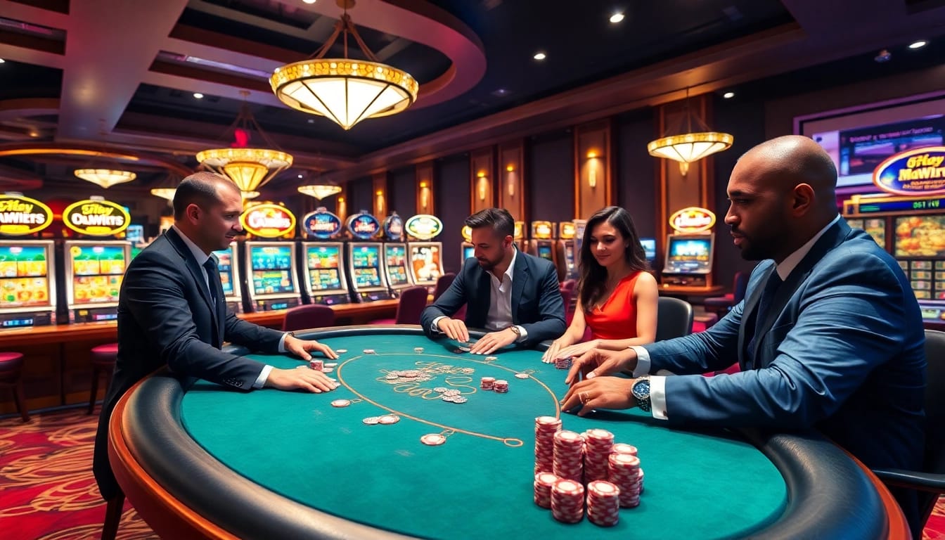 Professional poker players at a 33Win casino table, capturing the thrill of high-stakes gambling.