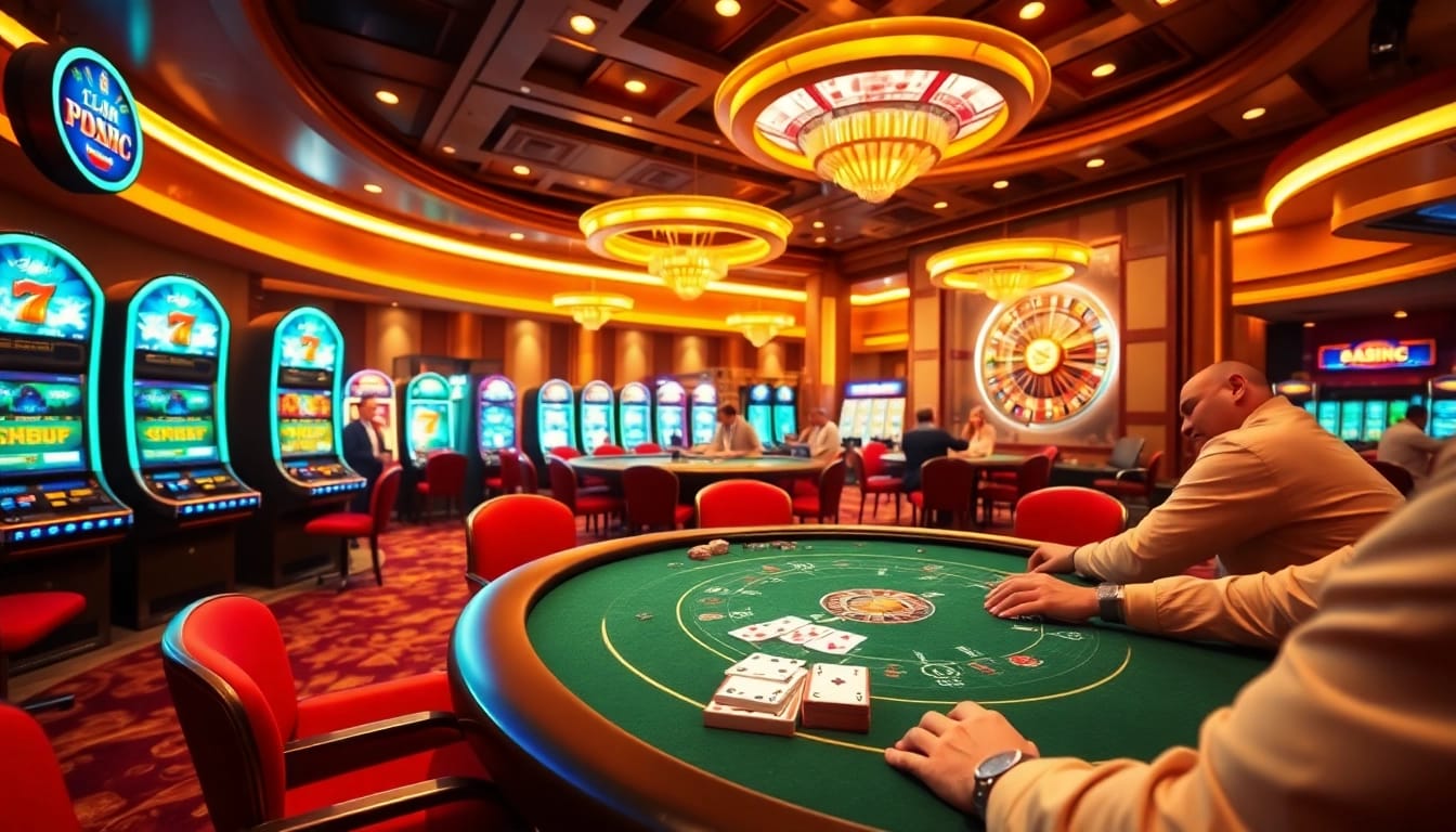 Players enjoying a thrilling poker night at QH88 casino, surrounded by vibrant slot machines and roulette.