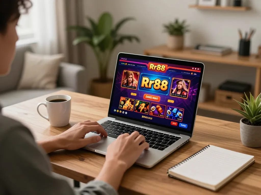 Playing Rr88 dang nhap online casino game on a laptop in a cozy home office atmosphere