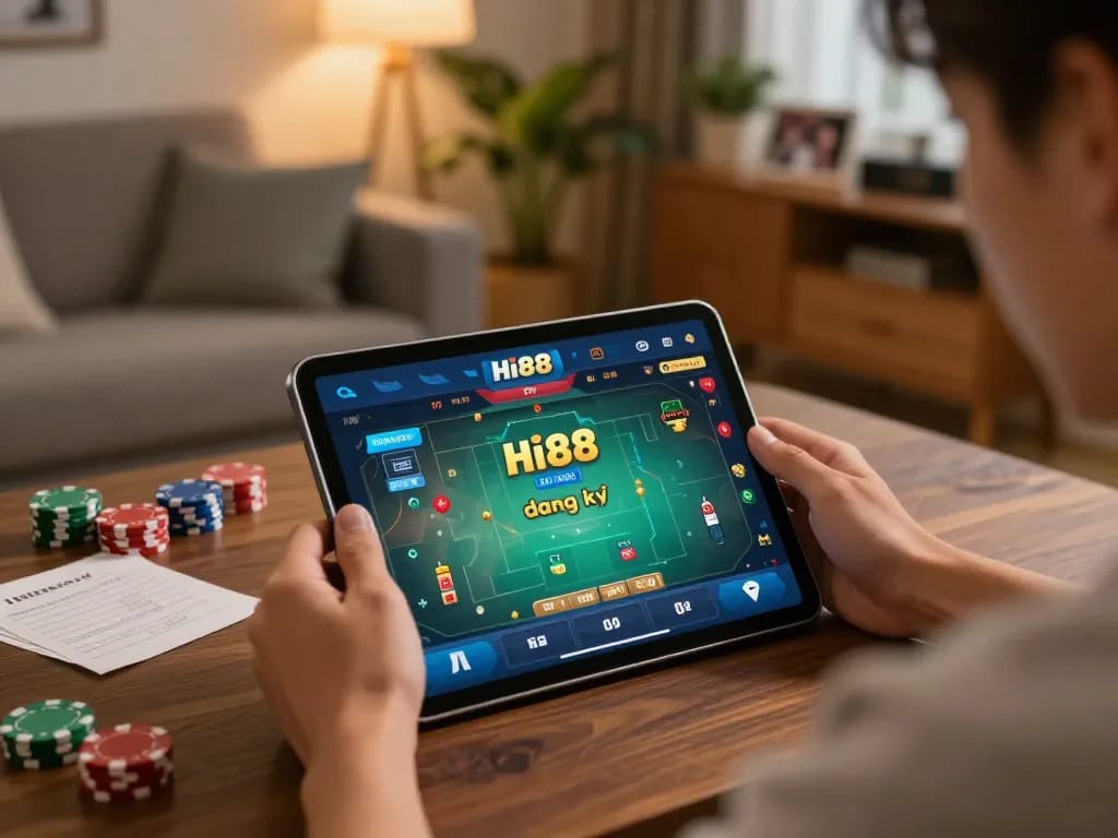 Engaging in hi88 đăng ký on a tablet, showcasing strategic gameplay and comfortable setting.