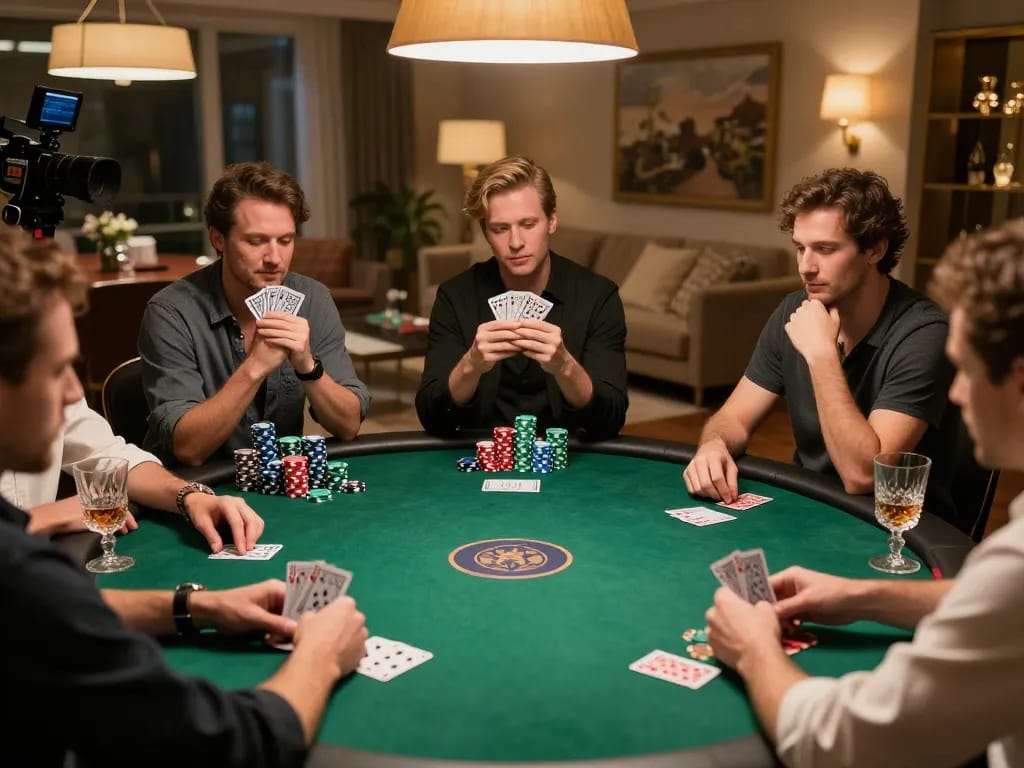 Players engage in a thrilling poker game at home, highlighting strategic moments with https://va88.now/