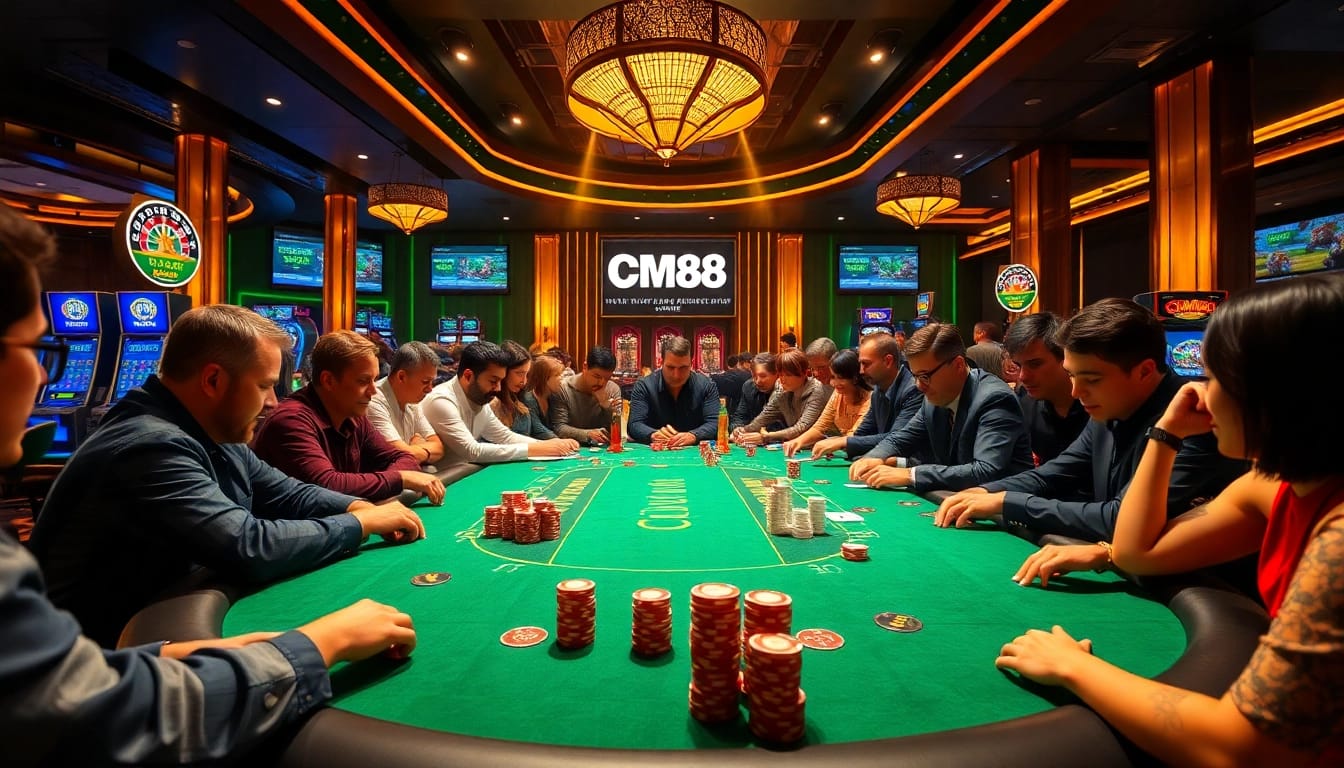 Players enjoying the thrilling CM88 casino experience at a vibrant poker table.