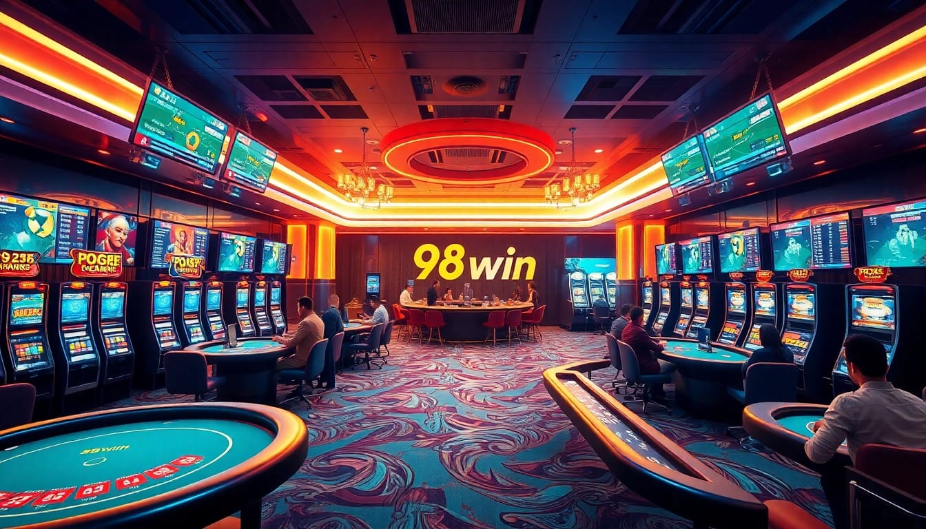 Experience the vibrant online gaming environment of 98win, featuring exciting slots and poker tables.